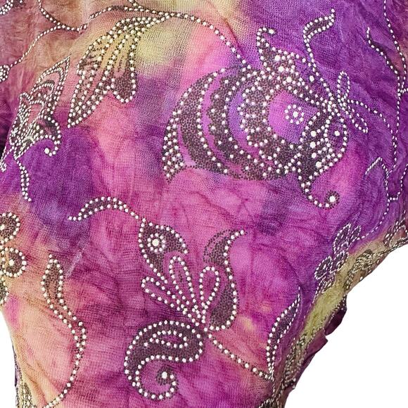 Beliza Y2K Mesh Sheer Embellished Floral Purple Pink Tie Dye Top Size L - Picture 6 of 6